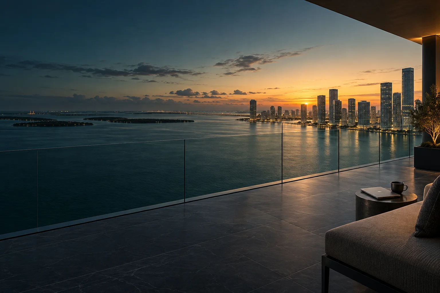 Miami bay at sunrise viewed from a quiet terrace