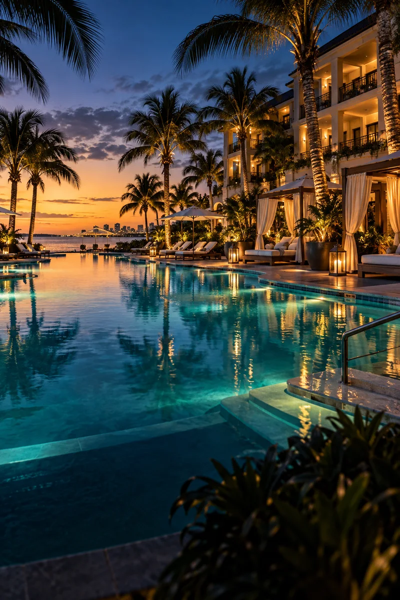Palm-lined resort and turquoise swimming pool