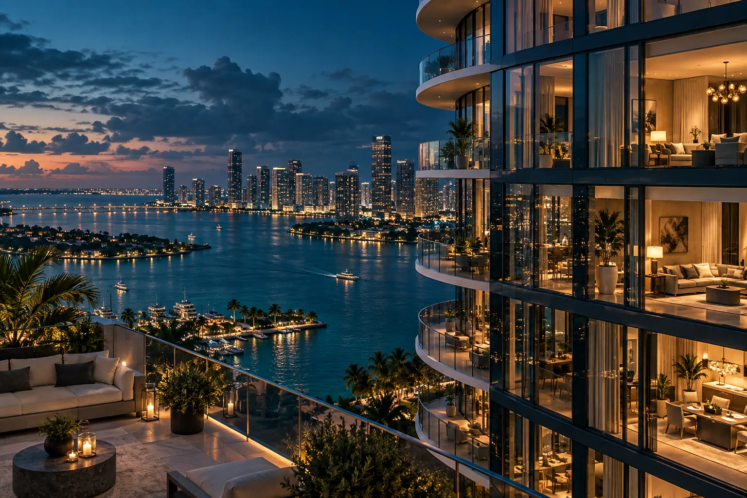 Modern waterfront apartments illuminated at twilight