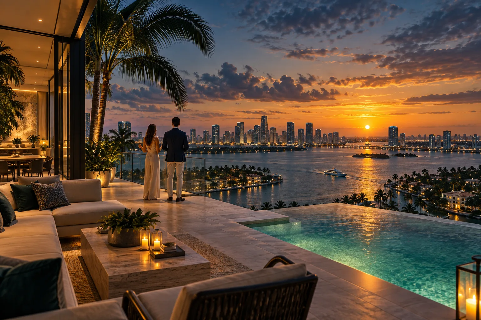 Investors overlooking the waterfront from a penthouse terrace