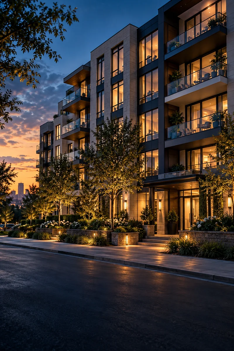 Modern apartment building at blue hour