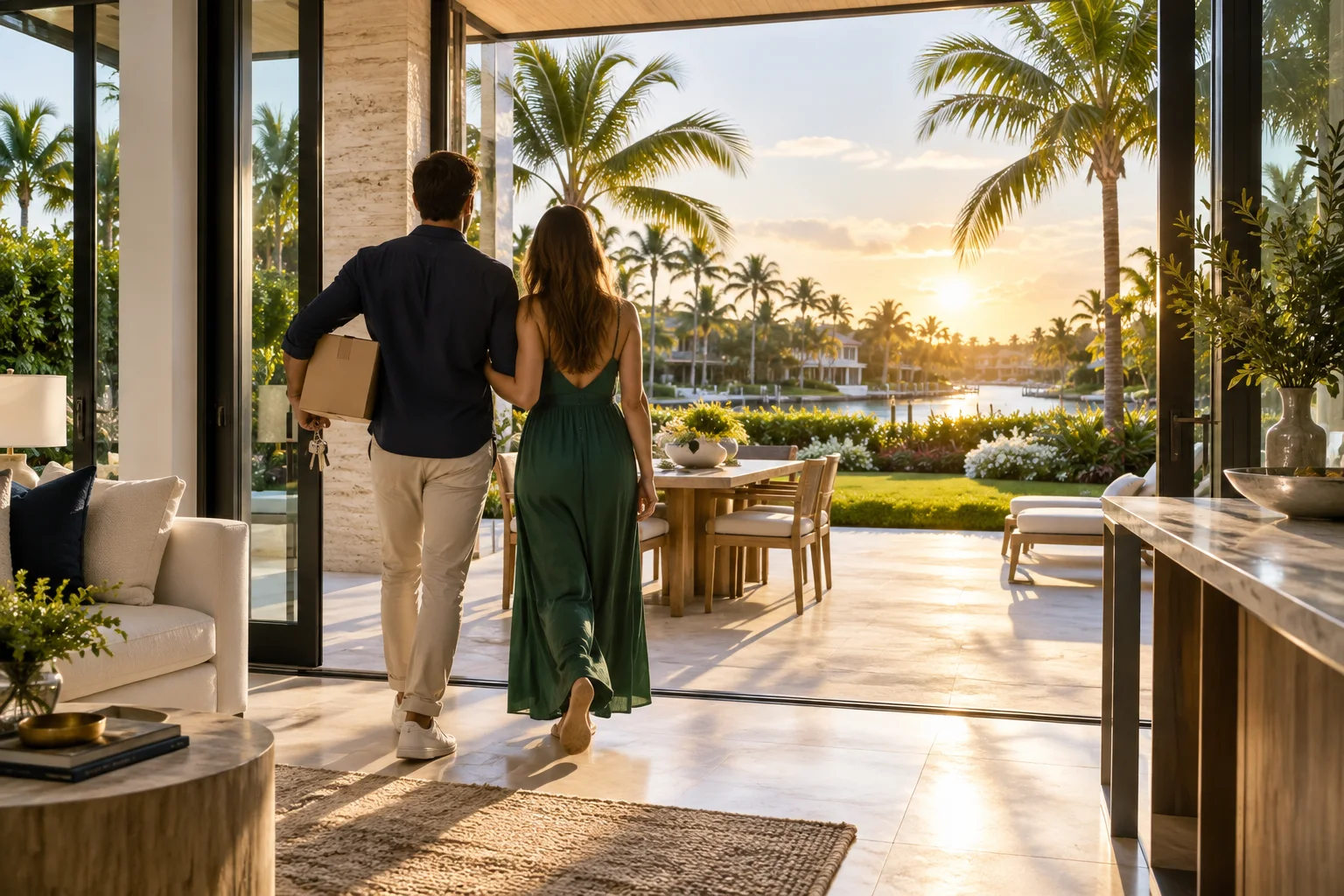 Couple stepping onto the garden terrace of their new home