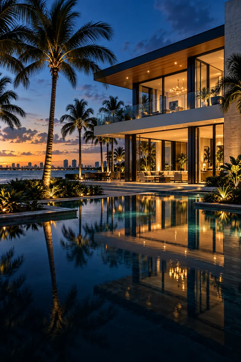 Contemporary waterfront home with illuminated interiors