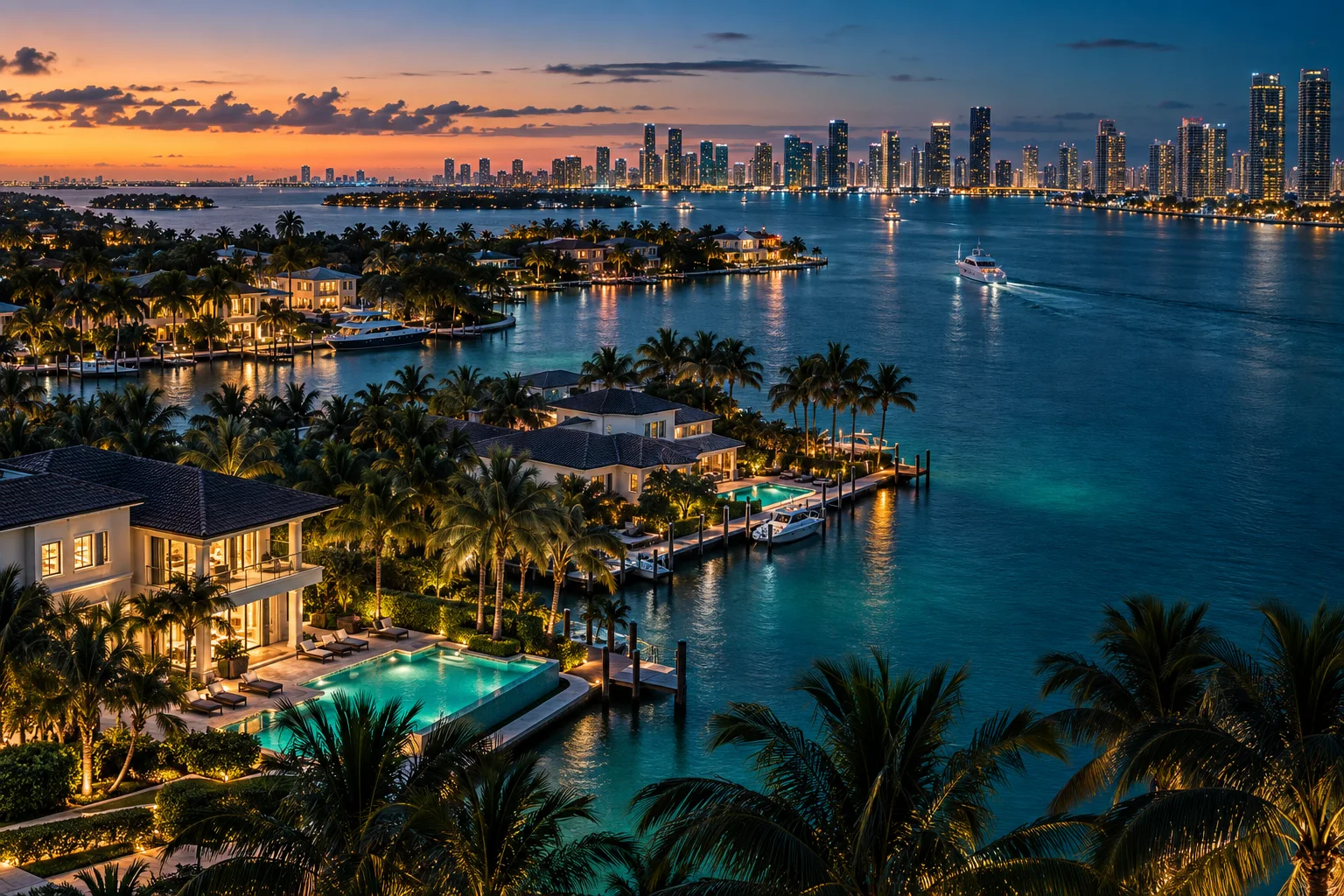 Aerial view of waterfront homes and the Miami skyline